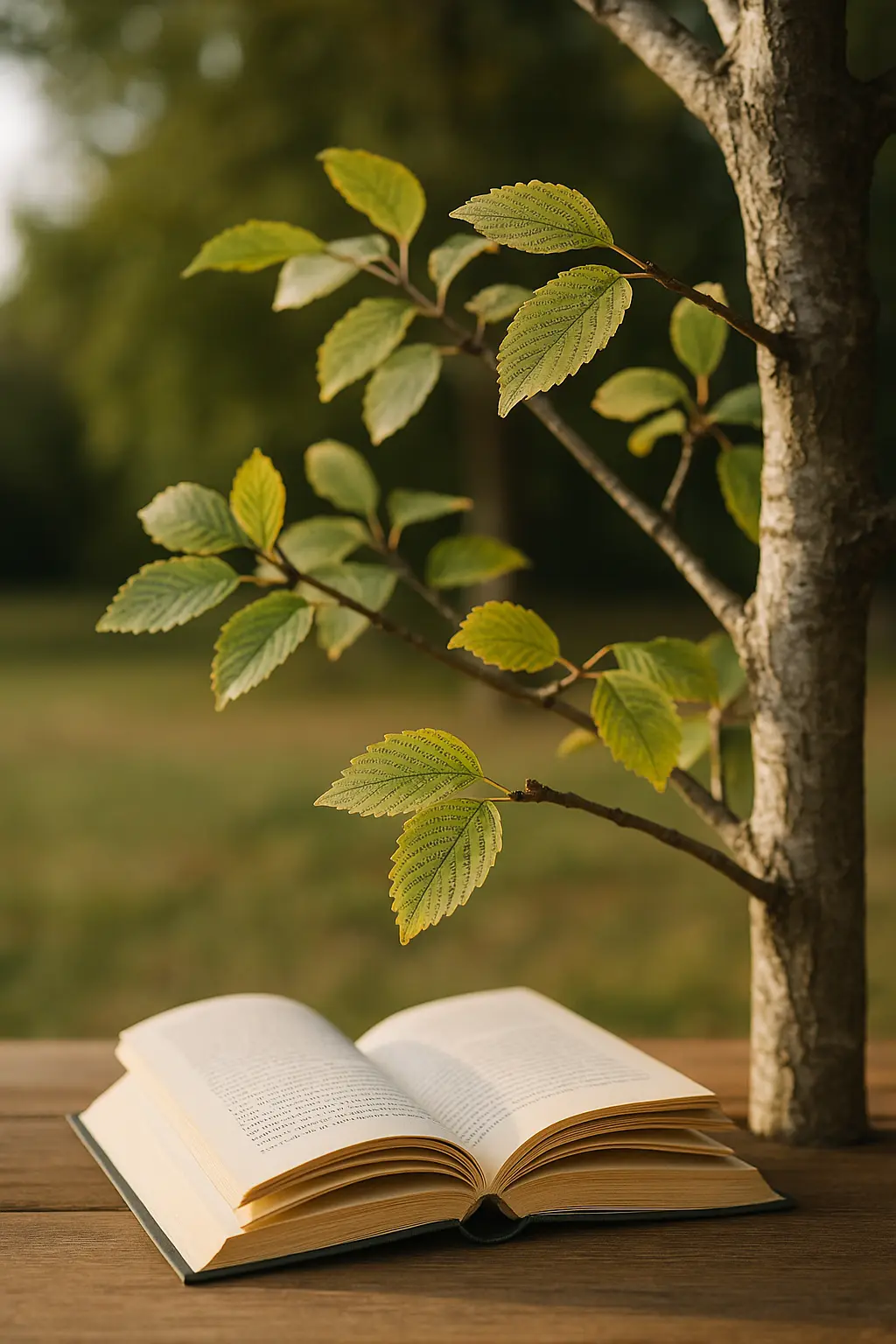 Libro abierto bajo un árbol con hojas verdes